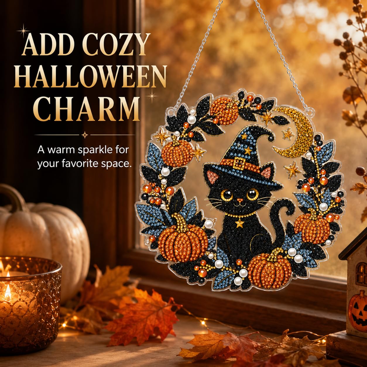 DIY Diamond Art Painting Wreath Kits，Special Shaped Rhinestone Hanging Ornament Diamond Art Window Pendants for Gift Home Garden Wall Hanging Kits,Double Sided (Halloween Black Cat)