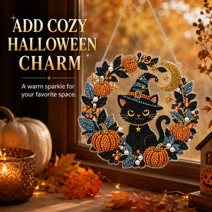 DIY Diamond Art Painting Wreath Kits，Special Shaped Rhinestone Hanging Ornament Diamond Art Window Pendants for Gift Home Garden Wall Hanging Kits,Double Sided (Halloween Black Cat)