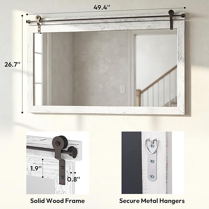 27"x49" Large Whitewashed Barn Door Wall Mirror, Horizontal Solid Wood Framed
