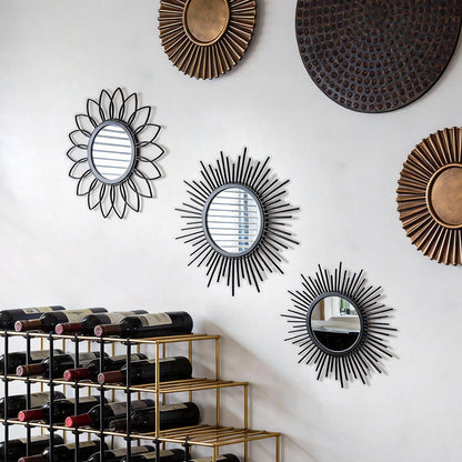 HMANGE Set of 3 Black Metal Sunburst Wall Mirrors - 12" Round Decorative Art for Living Room Bedroom Bathroom Entryway, No Assembly Required, Rust Resistant Design