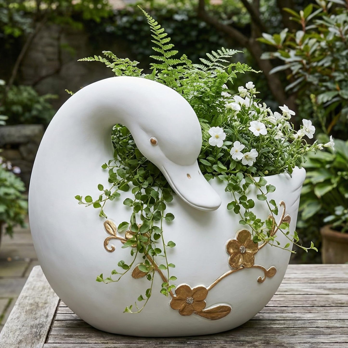 pandaxing White Goose Planter for Succulents Indoor Outdoor with Drainage Hole, Resin Animal-Shaped Flower Pot for Home & Garden Decor, Duck Plant Lover Gift