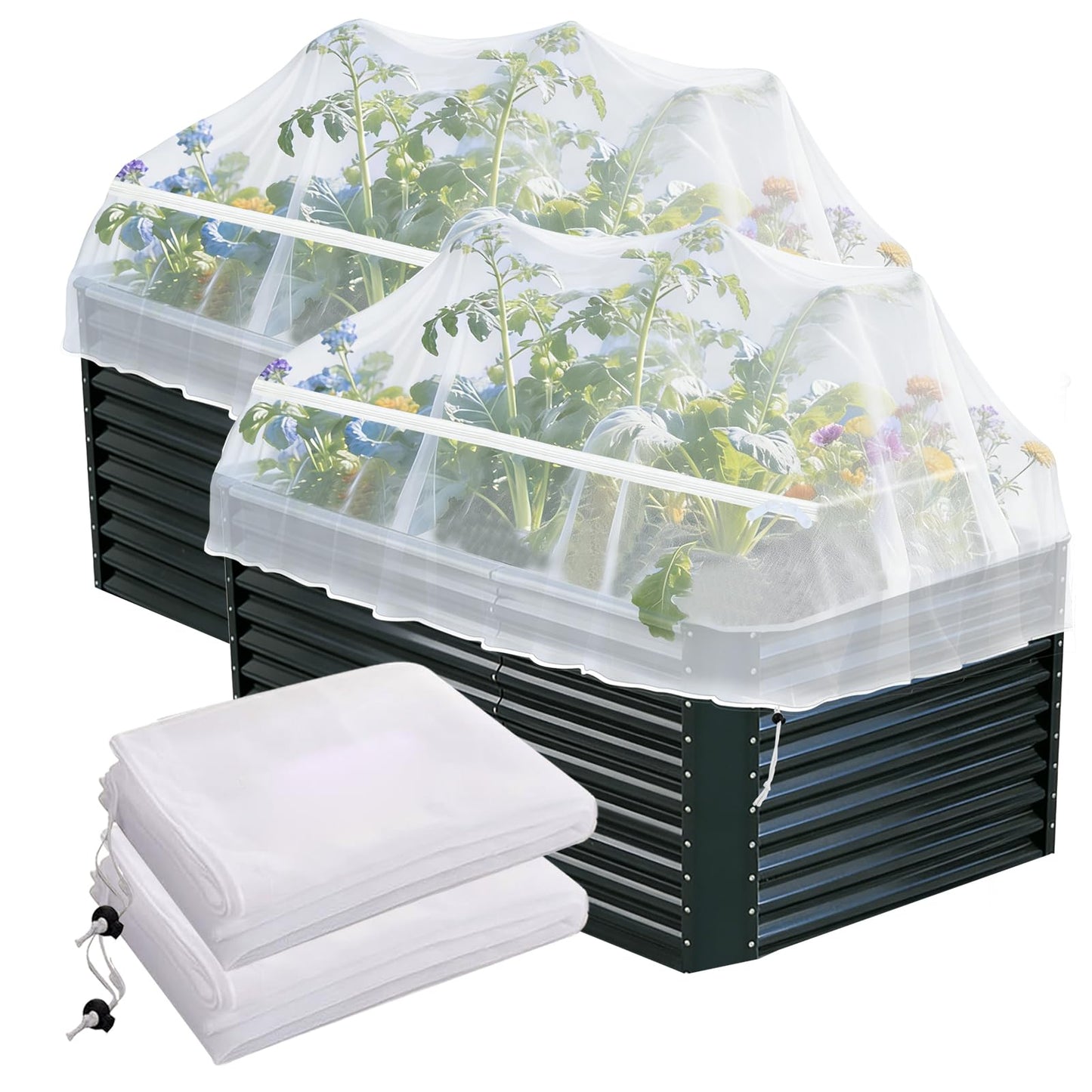 2 Pack Garden Netting for Raised Beds, Fine Mesh Bird Netting Barrier Screen with Zipper Drawstring Garden Bed Plant Cover for Protect Vegetable Fruits Crop from Animals Pest Insect, 2.3×2.3×2Ft