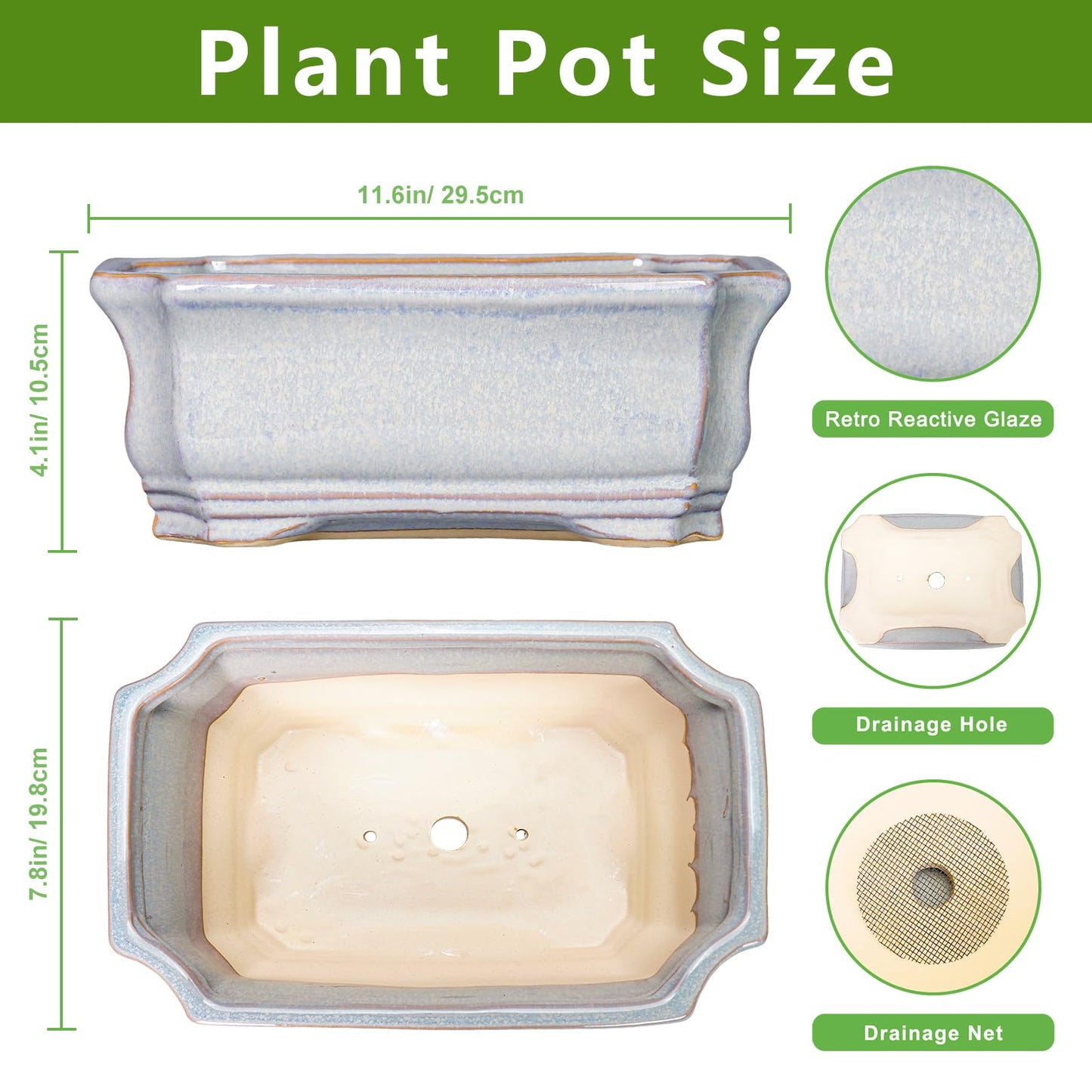 Teagas Ceramic Bonsai Planter - 11.6 Inch Bonsai Tree Pots for Succulent Plants, Succulent Planters with Drainage Hole, Shallow Decorative Planter, House Decor, House Warming Gifts, Rectangular Grey