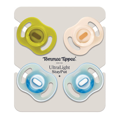 Tommee Tippee Ultra-Light StayPut Day and Night Dummies, 6-18m, 4 Pack, One-Piece Silicone Soother, Soft Skin Feel