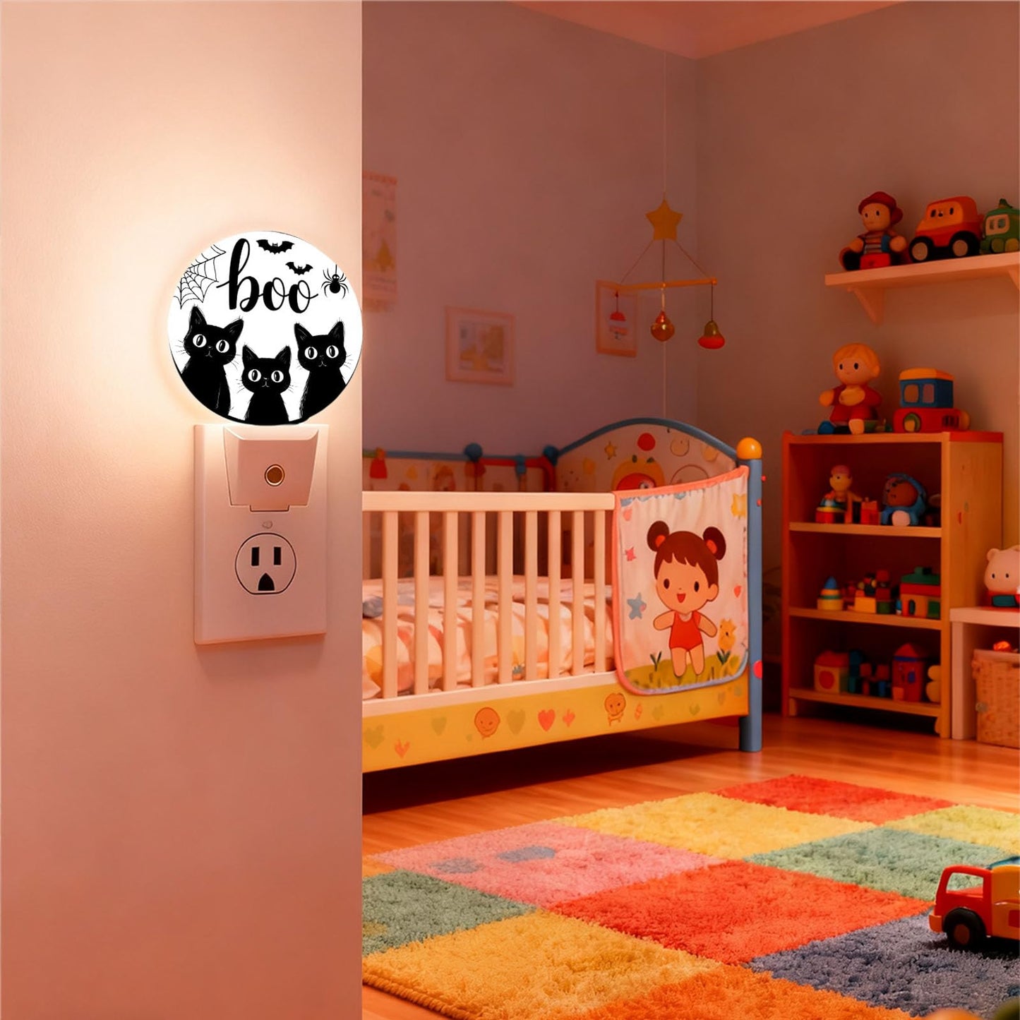 Mugod Black Cat Plug-in Nightlights Halloween Bats Spider Web Night Light Plug into Wall with Dusk-to-Dawn Sensor LED Lighting 0.5W Sleep-Friendly