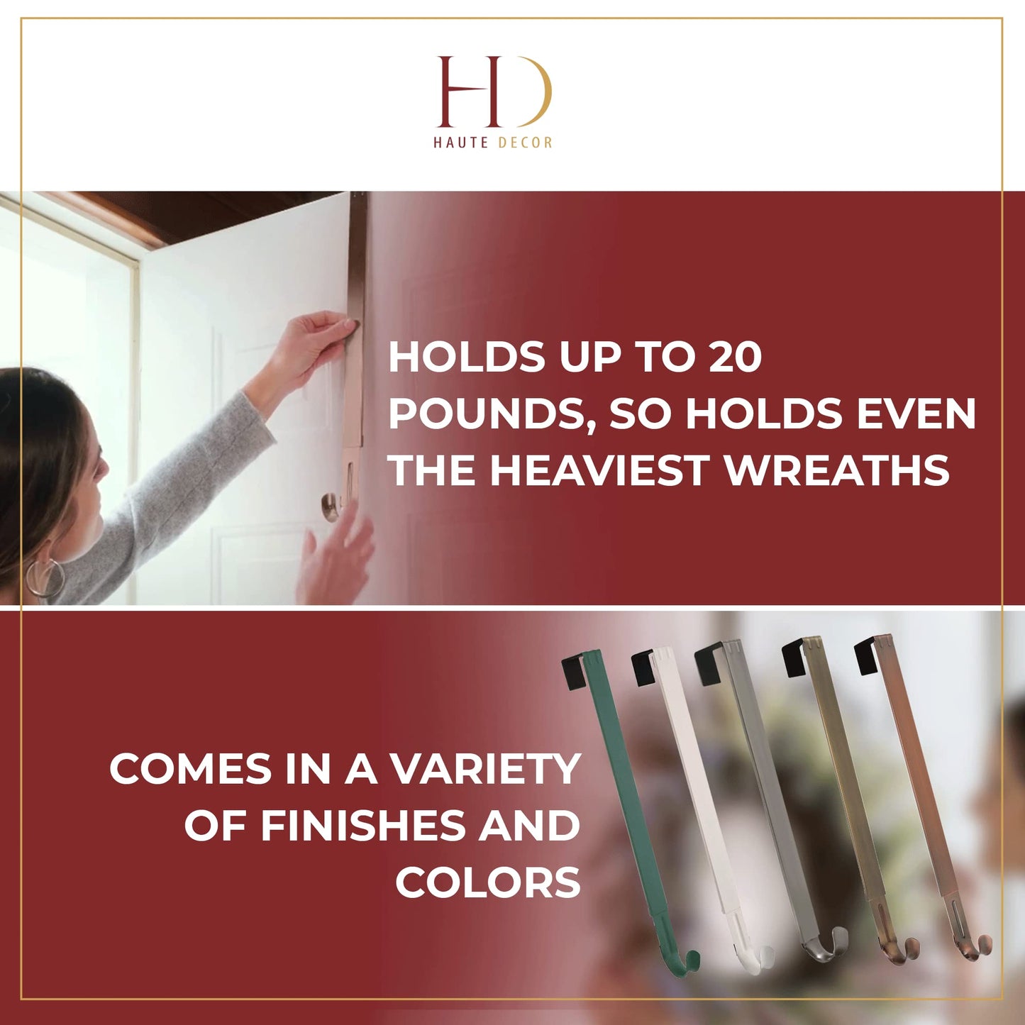 Haute Decor Adjustable Length Wreath Hanger with Removable Icon (Oil-Rubbed Bronze - Fleur De Lis) - Metal Over The Door Wreath Hanger for Front, Back, Interior Doors