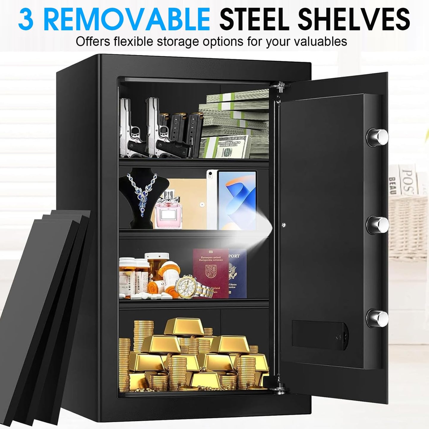 5.2 Cuft Large Home Safes Fire Waterproof, Fireproof Safe Box for Home with Programmable Keypad, Spare Keys and 3 Removable Shelves, Anti-Theft Security Fireproof Document Safe for Money Valuables