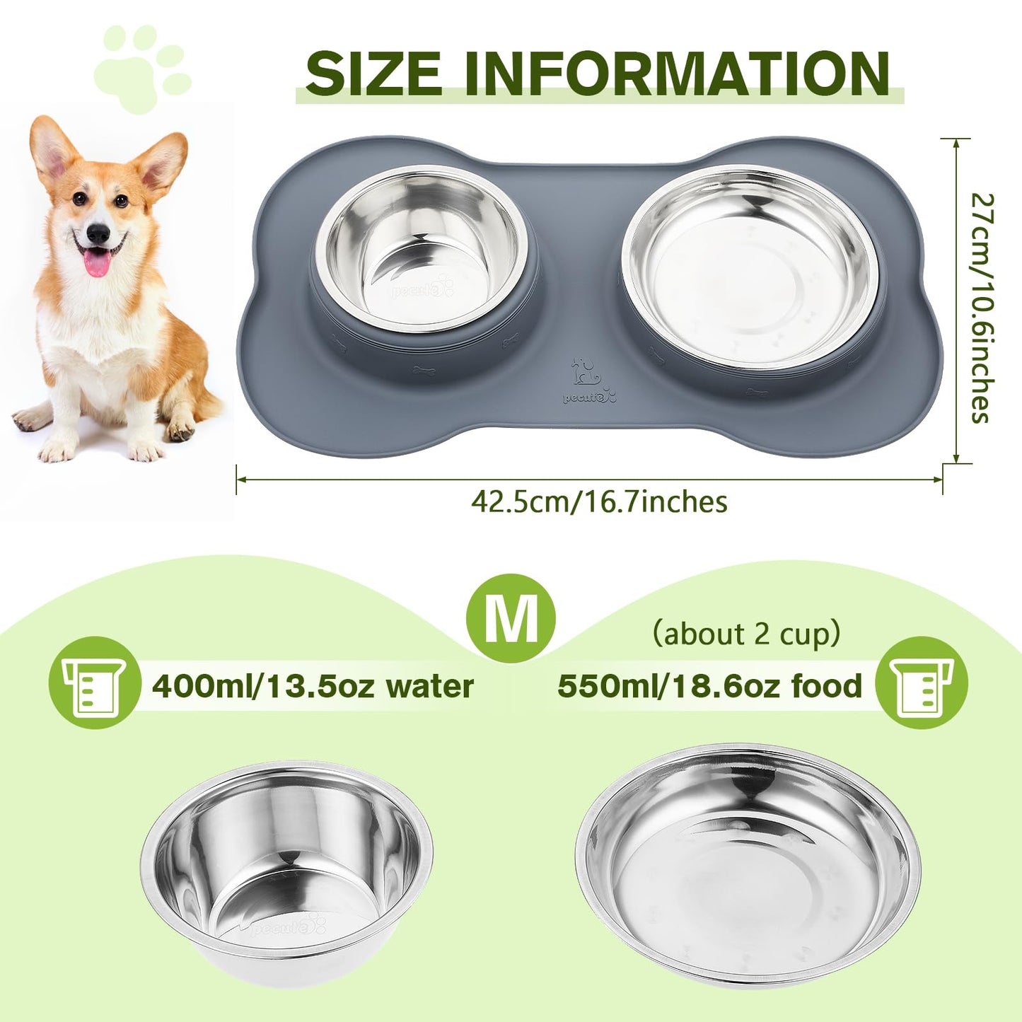 Pecute Dog Bowls Non Slip, Stainless Steel Double Bowls Set with Non-Spill Silicone Mats Tray for Cats Puppies Small Dogs Water Food Feeding (14oz Each Bowl, Grey)
