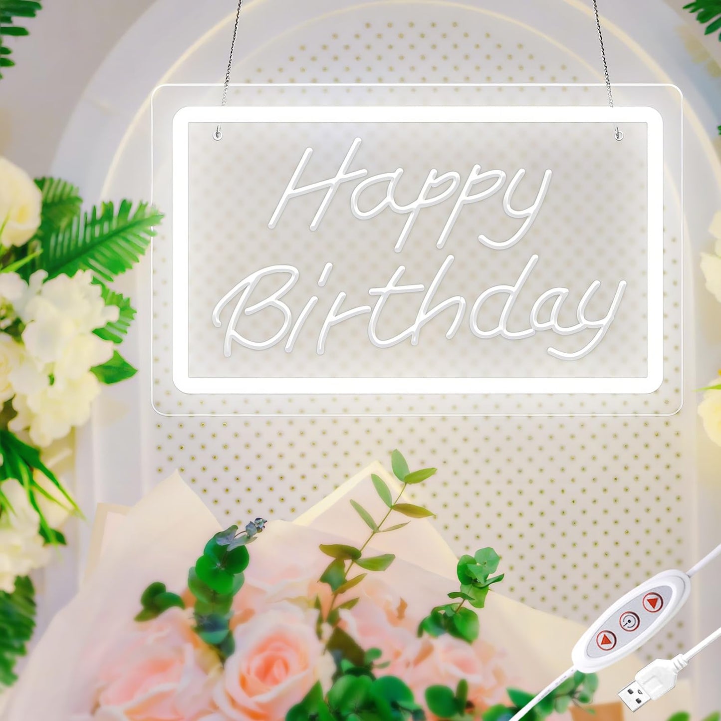 KeyDoors Happy Birthday LED Neon Sign 11.8 x 8.3in– White Dimmable Neon Light, USB Powered Wall Decor for Party Backdrop, Bachelorette Party Decor, Ideal Christmas Gift & Birthday Gift