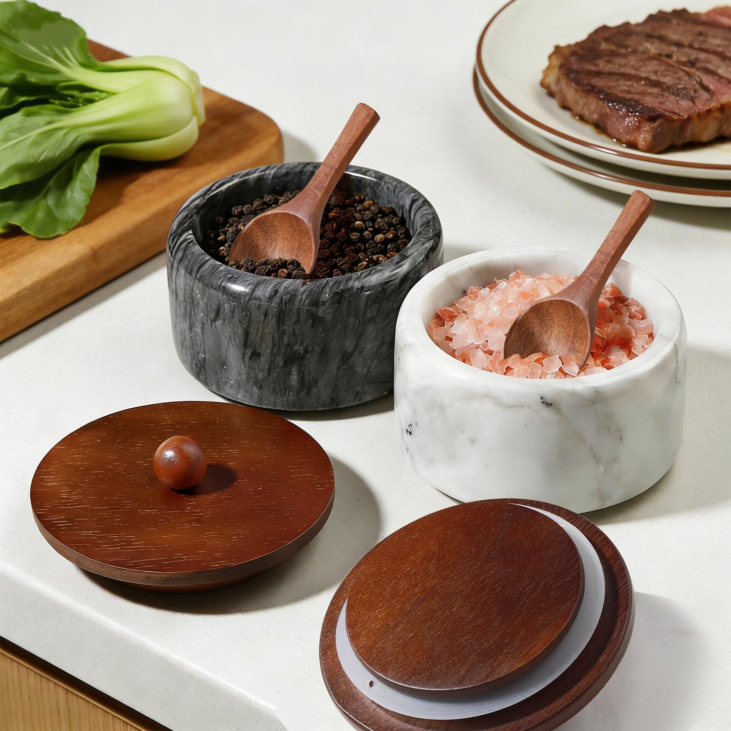 MINCORD Marble Salt and Pepper Bowls Set with Lids and Spoons – Natural Stone Salt Cellar & Pinch Pots for Kitchen Counter – Modern Spice Keeper Container for Gourmet Sea Salt, Kosher & Finishing Salt