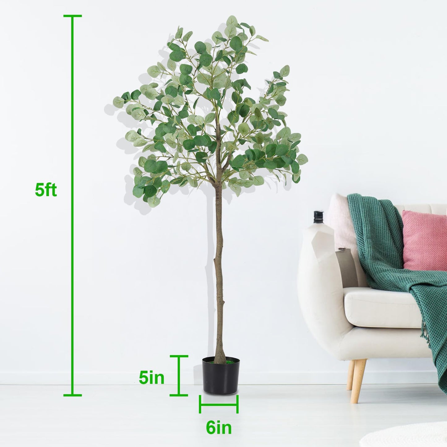 5ft Artificial Eucalyptus Tree, Realistic Faux Potted Plant with Nursery Pot, Full & Lush Greenery for Home Office Living Room Floor Decor