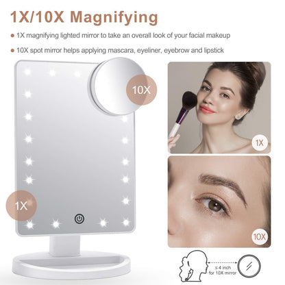 FASCINATE Makeup Vanity Mirror with Lights and Detachable 10X Magnification, 21 Led Lights Adjustable Dimming Touch Sensor, Dual Power Supply, 180° Rotation, Portable Cosmetic Mirror(White)