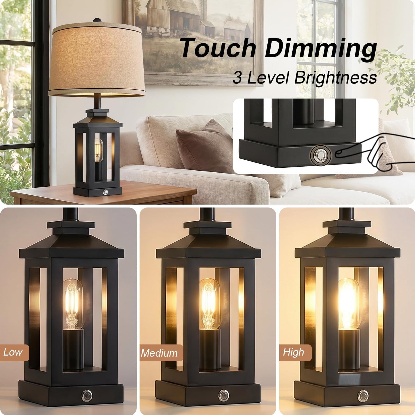 G-SAFAVA 23.75" Retro Farmhouse Black Table Lamp for Living Room Bedroom Nightstand Single Pack Touch Control Bedside Nightlight Vintage Modern Lamp with USB C+A Ports and 2 Light Sources