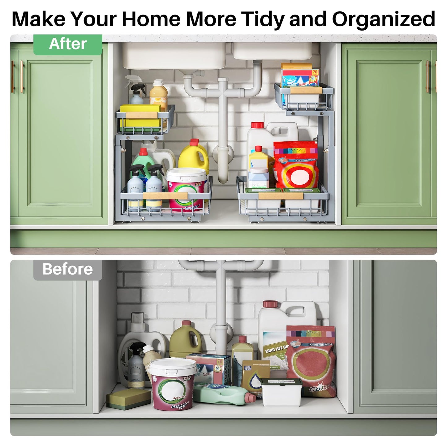 Under Sink Organizer, 2 Packs 2 Tier Under Sink Organizers and Storage, Slide out Pull out Cabinet Organizer Shelf, Metal Sliding Drawer for Kitchen Bathroom Pantry Cabinet Closet Organization Rack