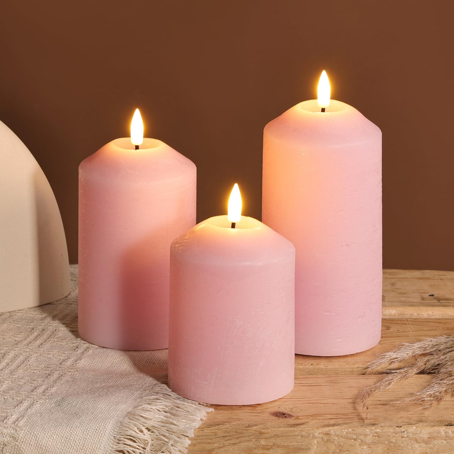 Girimax Pink Flameless Pillar Candles with Remote, Real Wax LED Candles Battery Powered Flickering Set of 3