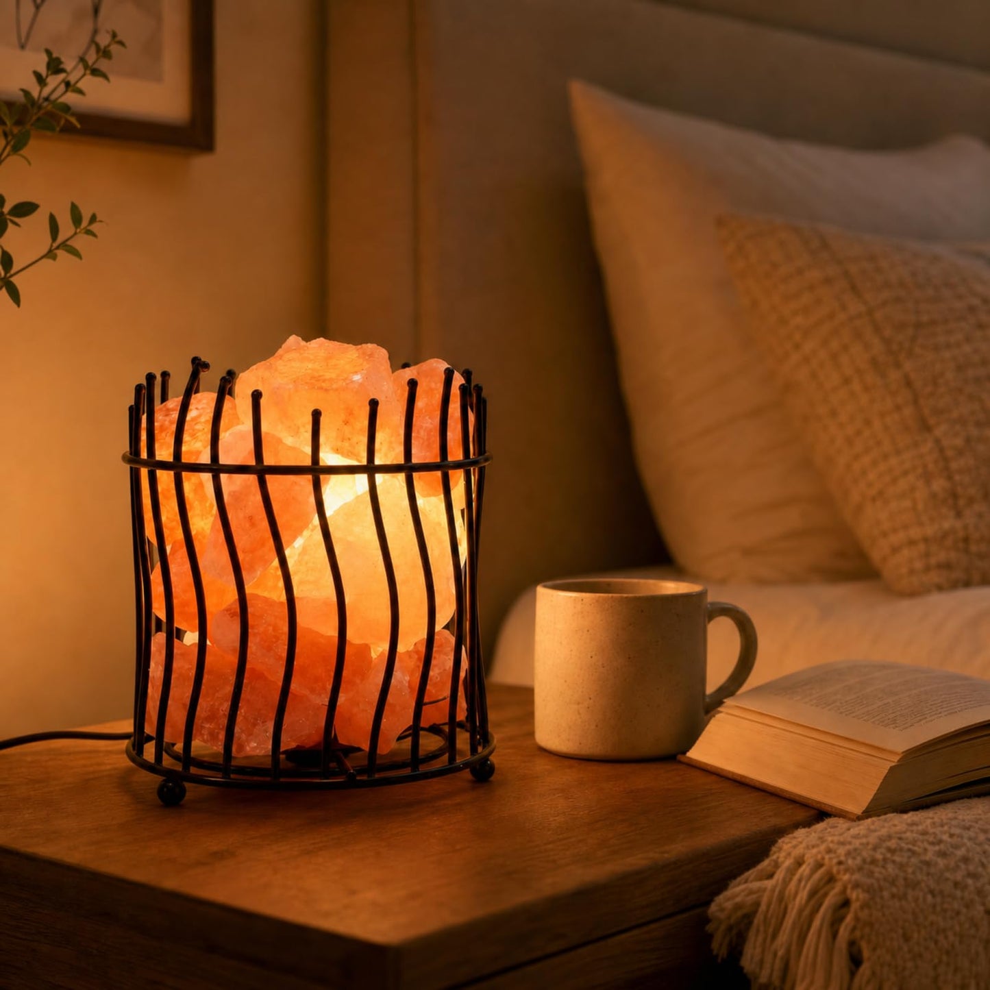 LOOPUPU Himalayan Salt Lamp 5in Plug-in Natural Pink Salt Rock Night Light Dimmer Switch 2 Bulbs Included Bedroom Desk Decor (Curved Wire Basket)
