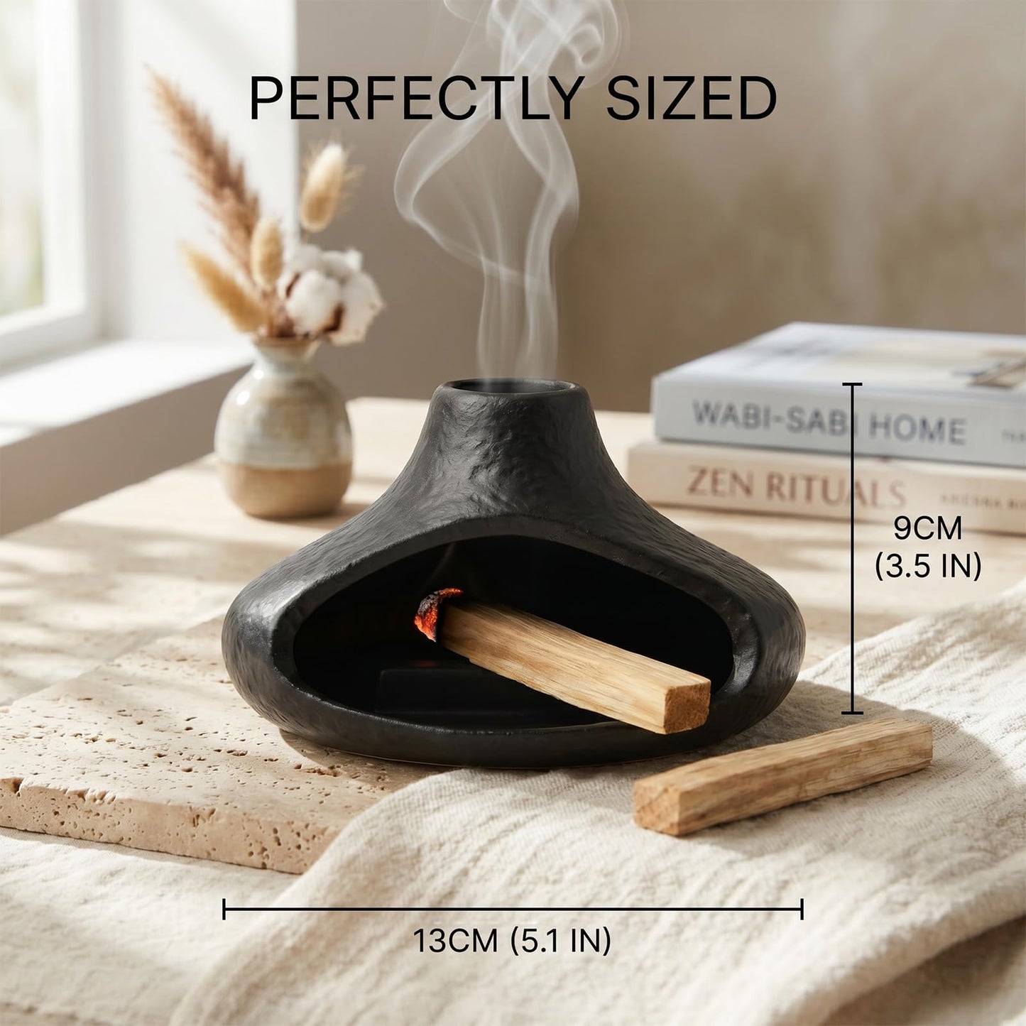 Matte Black Palo Santo Holder with Chimney Design, Ceramic Incense Burner with Ash Catcher, Mess-Free for Smudging, Meditation & Relaxation, Volcano Style Aesthetic Home Decor Gift