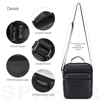 SPAHER Shoulder Bag Men Leather Handbag Business Messenger Backpack Crossbody Casual Tote Sling Travel Bag Document Bag with Top-Handle and Adjustable Strap Large Size