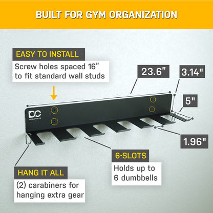 Double Circle Dumbbells Rack Home Gym Storage (Rack Only), 6-Slot Free Weight Holder, Heavy-Duty Wall-Mounted Steel Stand for Strength Training Equipment, 2 Carabiners and Mounting Hardware