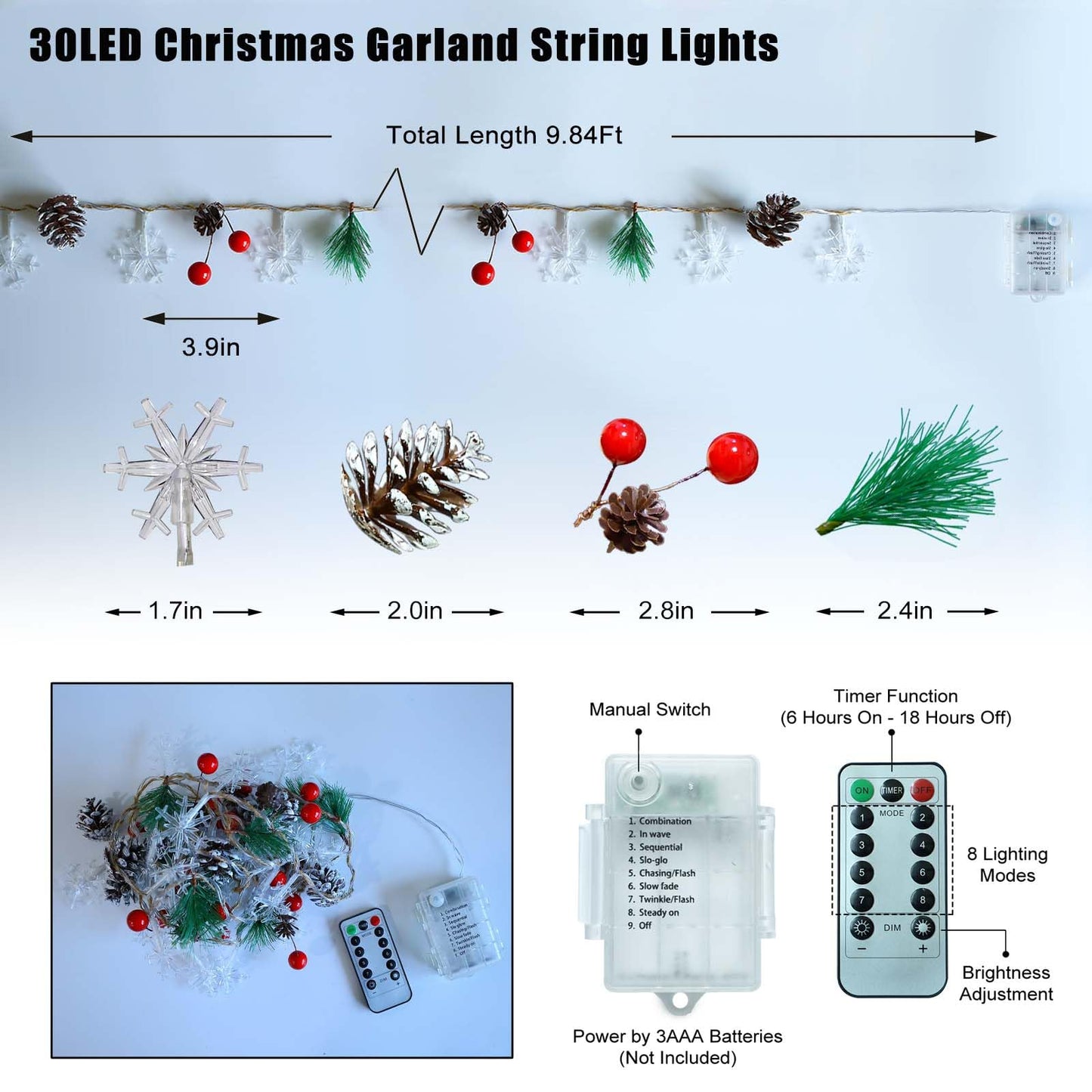 Christmas Garland with Snowflake Lights, 30 Led 10ft Battery Operated 8 Lighting Modes Timer Pine Cones Red Berry Garland Indoor Outdoor Office Decor Xmas String Light Mantle Decorations Warm White