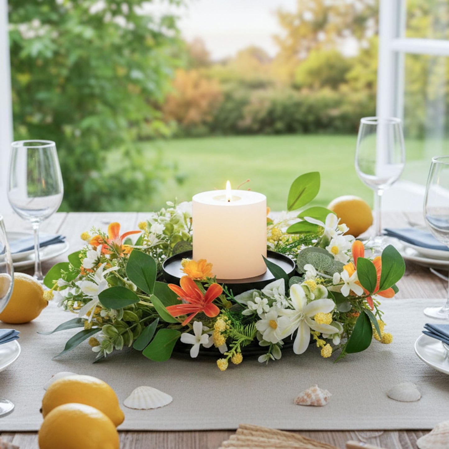 MOYEE Summer Centerpieces for Tables Candle Ring, Black Metal Candlestick with an Artificial Wreaths 14 in Versatile Dining Table Centrepiece (an Orange and White Wreath)
