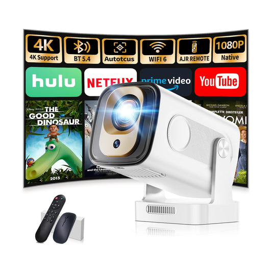 Mini Projector 1080P with WiFi 6 and Bluetooth 5.4, 4K Full HD Projector Features Auto Focus & Keystone, Portable Projector Built-in App Support 270° Rotatable, Compatible with Phone/HDMI/USB - White