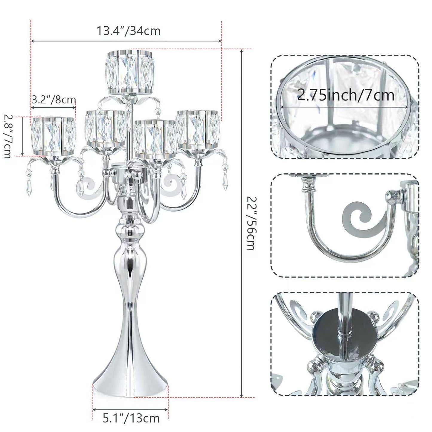 Kehail Silver 5 Arm Pendant Square Crystal Candle Holder, 22 Inches Table Decor Classic and Elegant Table Centerpiece Atmosphere Candlestick for Gift Wedding Party Home Decor