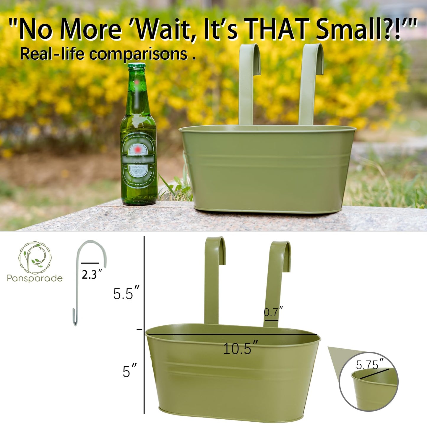 pansparade 5 Pack Metal Hanging Flower Pots for Railing Fence，Outdoor Balcony Rail Planter with Garden Tools Detachable Hooks Drainage Holes for Deck Garden Home Decor Green