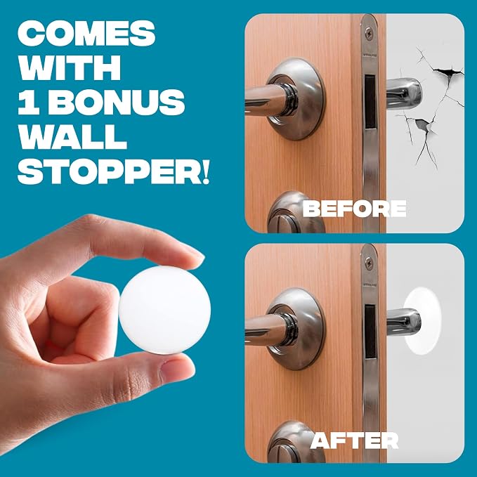 STRONGEST HOME Stoppers for Bottom of Door – Heavy Duty Metal Rubber Door Stopper, Non-Slip Door Stop for Heavy Doors, Works on Wood, Tile & Carpet Floors, Folding Chrome 1 PC + White Wall Protectors