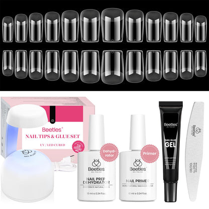 Beetles Gel Nail Kit Short Almond with Nail Dehydrator and Primer, 576Pcs Half Matte Etch-X Gel Nail Tips Solid Nail Glue Mini Nail Lamp Acrylic Nail Tips Easy DIY Nail Extension Set Gift for Women