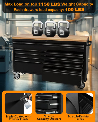 61-Inch Heavy-Duty Rolling Tool Chest & Mobile Workbench with 9 Drawers, Rubber Wood Top, Locking System, Wheels for Garage, Workshop, Warehouse Storage, Tool Cabinet