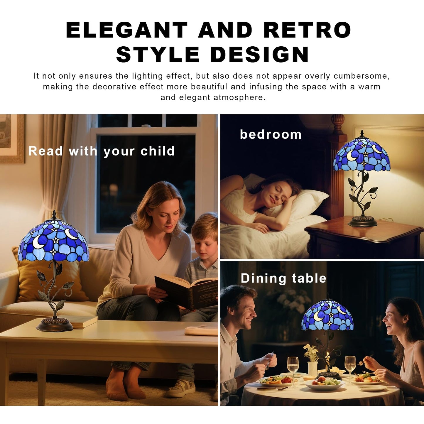 TFNTCYG Tiffany Style Table Lamp,Stained Glass Moon Table Lamp,12X12X19 Inch Reading Light, Metal Leaf Base Antique Glass Desk Decor Lamp.