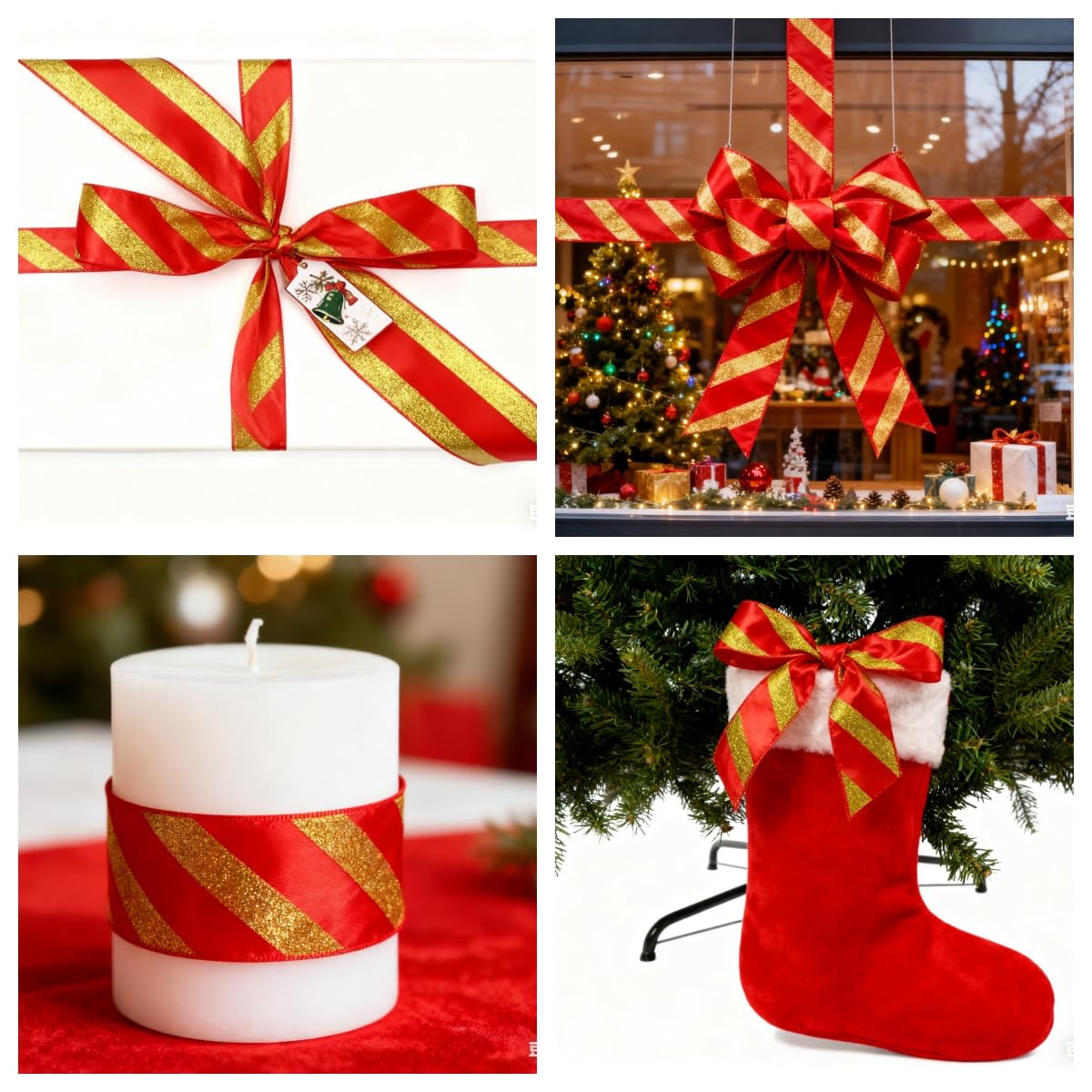 Meseey 2.5 Inch Christmas Wired Ribbon 6 Rolls 30 Yards Red White Candy Cane Glitter Stripe & Lime Green Holiday Ribbon for Tree Topper, Gift Wrapping, Wreaths, Garlands, Home Decor, Party Decorations