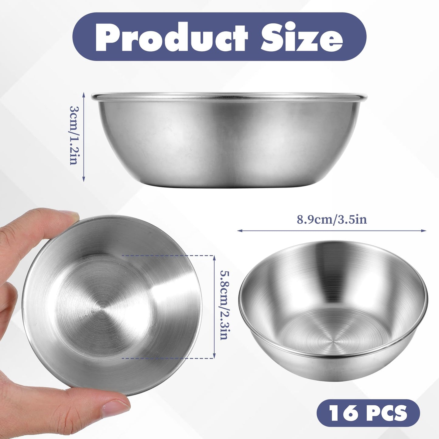 Exclaith 16 Pack Small Stainless Steel Bowl Sauce Dishes 3.5 inch Round Seasoning Dishes Small Sushi Dipping Bowls for Prep Appetizer Plates Set for Kitchen, Reusable and Dishwasher Safe