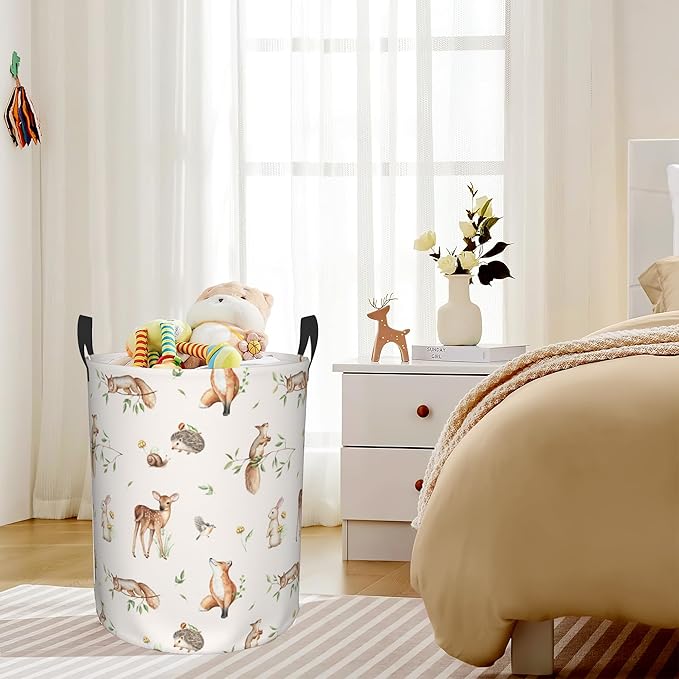 Deer Hedgehog Fox Bunny Squirrel Forest Laundry Basket, Waterproof Foldable