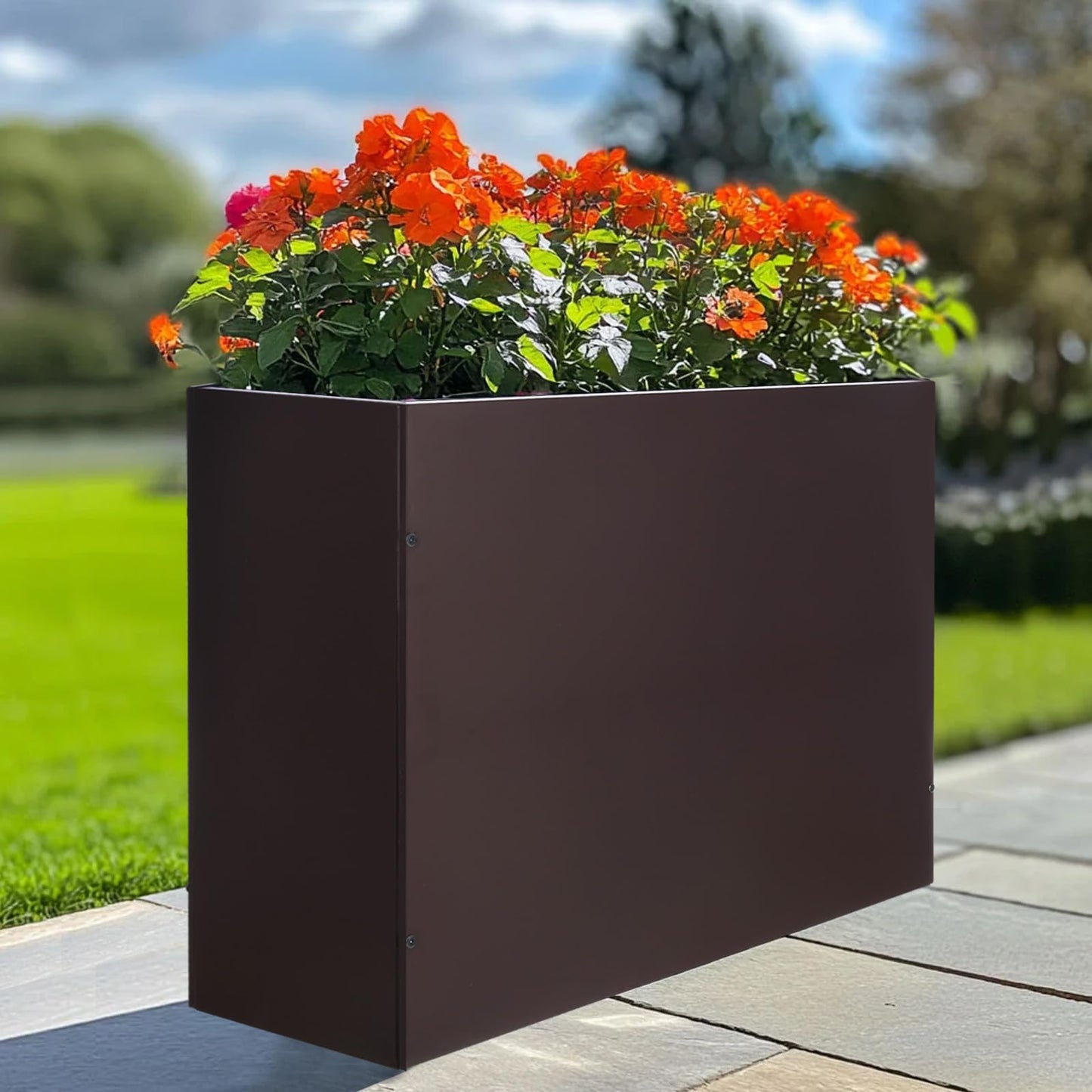 BAYN Metal Rectangular Planter Box Tall Planters for Outdoor Plants Modern Heavy Duty with Drainage Holes for Outside Indoor Patio Deck - Brown, 32”x 12”x 24”
