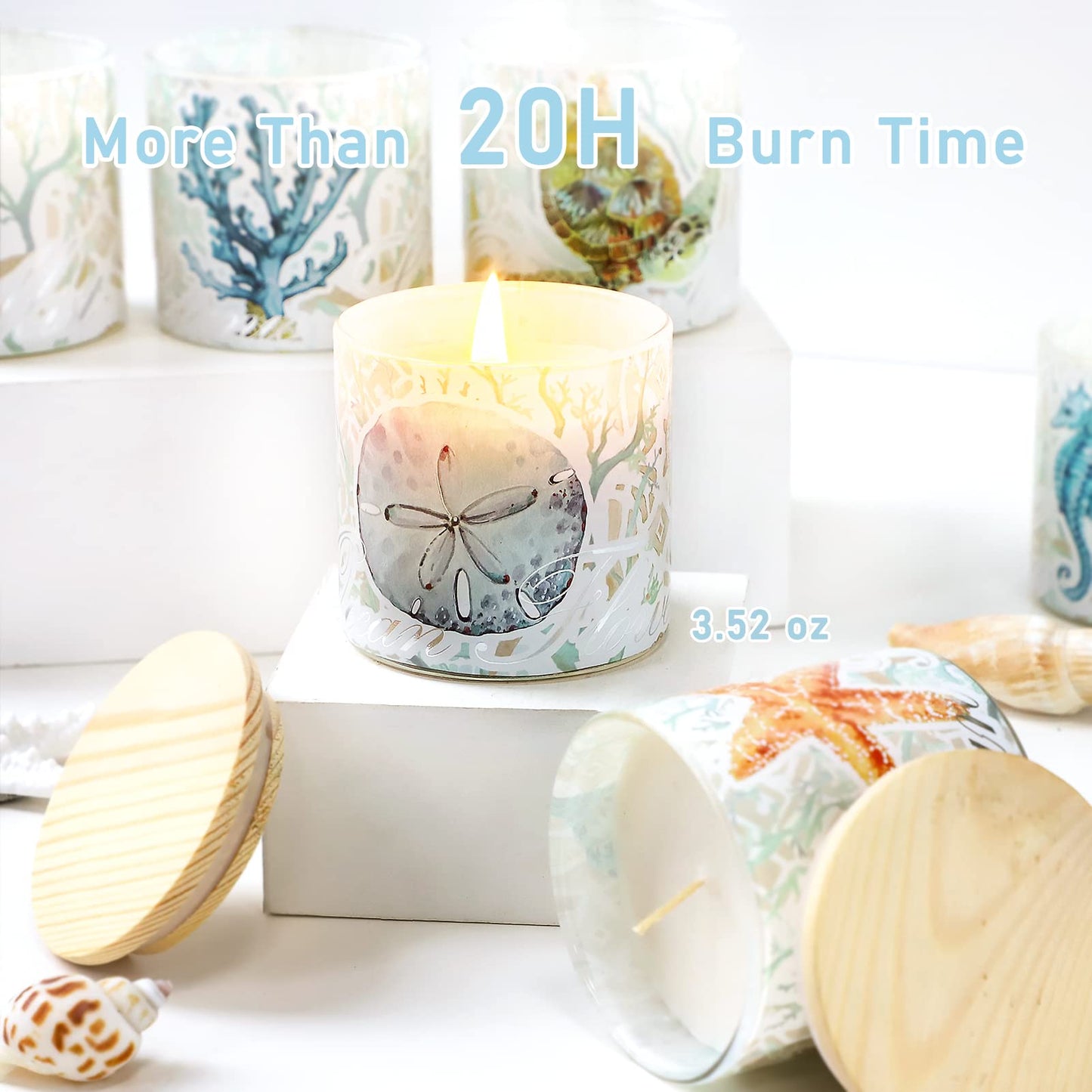 Jar Candles Scented with Lid Gift Set of 6 Ocean Theme Glass Jar Different Fragrance Soy Wax Aromatherapy Candles Take Harsh Smells Away Candle for Home Scented Stress Relief Relaxation