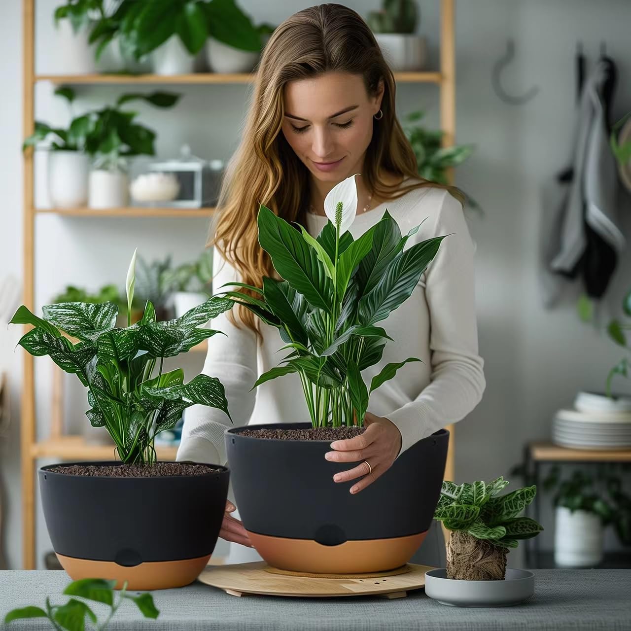 Koalaime 8/10/12 Inch Pots for Indoor Plants, Large Self Watering Planters with Drainage and Saucers, Plastic Outdoor Flower Pot, Set of 3, Grey