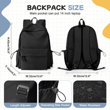 HYC00 School Backpack Womens, Causal Travel School Bags 14 Inch Laptop Backpack Rucksack Bag for Women Teenage Girls Boys Lightweight College Rucksack Water Resistant Bookbag Work Daypack, Black