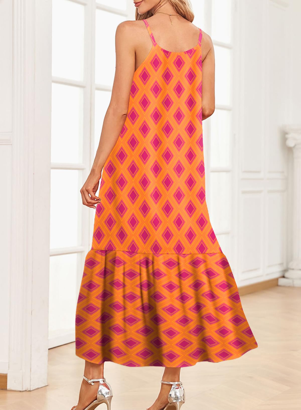 Dokotoo Women Summer Dresses 2025 Spaghetti Strap Scoop Neck Smocked Ruffle Flowy Boho Maxi Dress