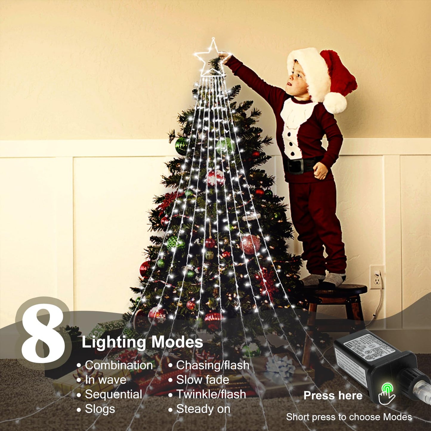 FUNIAO Outdoor Christmas Star Lights 320 LED Waterfall Christmas Tree Lights 8 Lighting Modes Outdoor Christmas Decorations Star String Lights for Outside Tree Wall Yard Xmas Wedding Party (White)