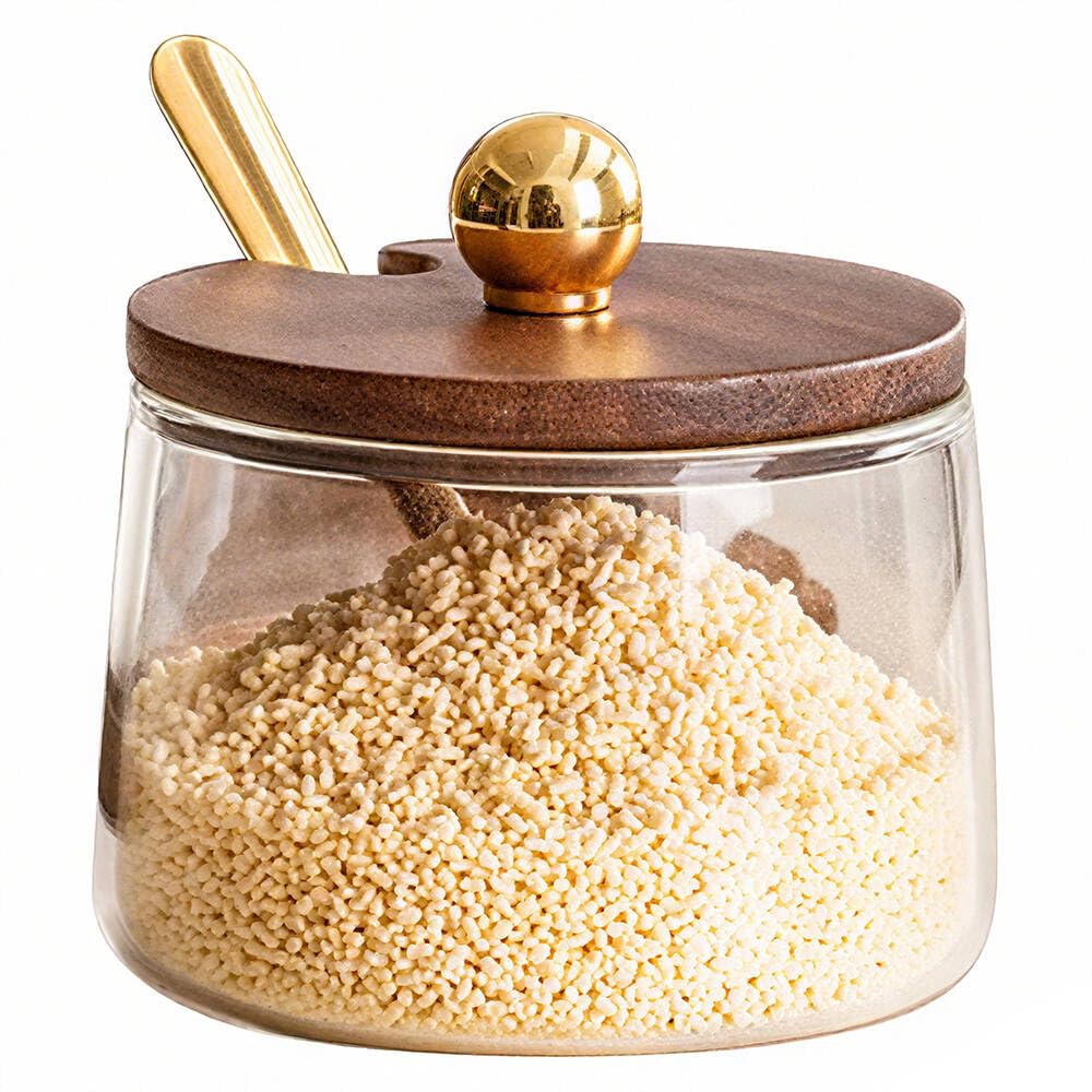 Condiment Containers Set with Acacia Wood Lids and Tray Seasoning Box Condiment Pots Jars with Spoons for Spice Salt Sugar Cruet (Gold Top, Single without Tray)