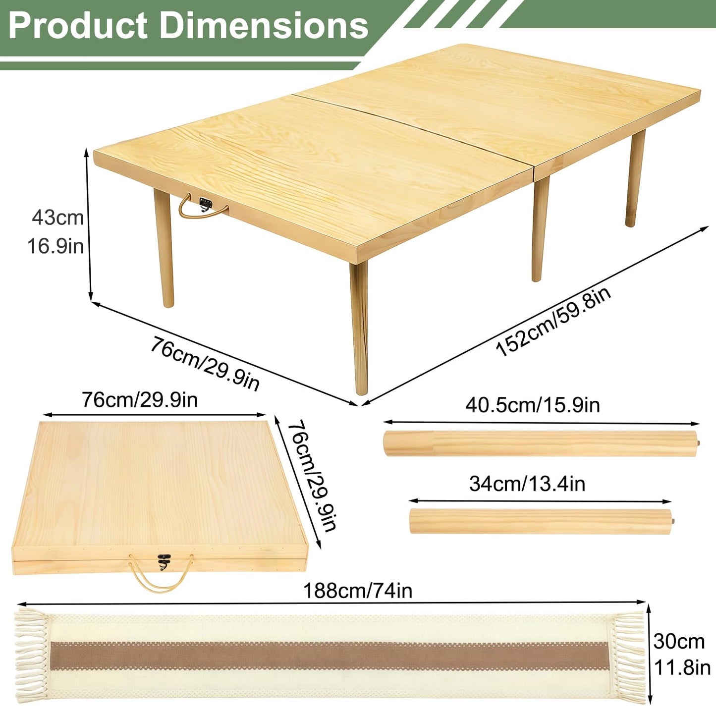 YIRCELOM Folding Picnic Table with Table Runner, 60" x 30" Large Wooden Japanese Floor Table, Portable Boho Low Picnic Table, Adjustable Heights Legs, for Indoor Outdoor Camping, for 6-8 People