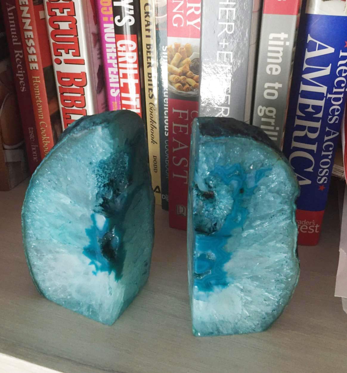 AMOYSTONE Teal Agate Bookends 2-3 lbs & Rose Quartz Book Ends 3-4 lbs for Home Office