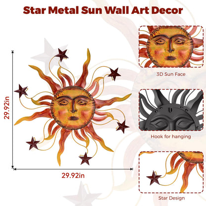 VESTCDF Metal Wall Art Decor Outdoor 30 inch Sun Wall Hanging Decoration for Graden 3D Sun Face Metal Wall for Living Room Garden Yard Patio(Star)