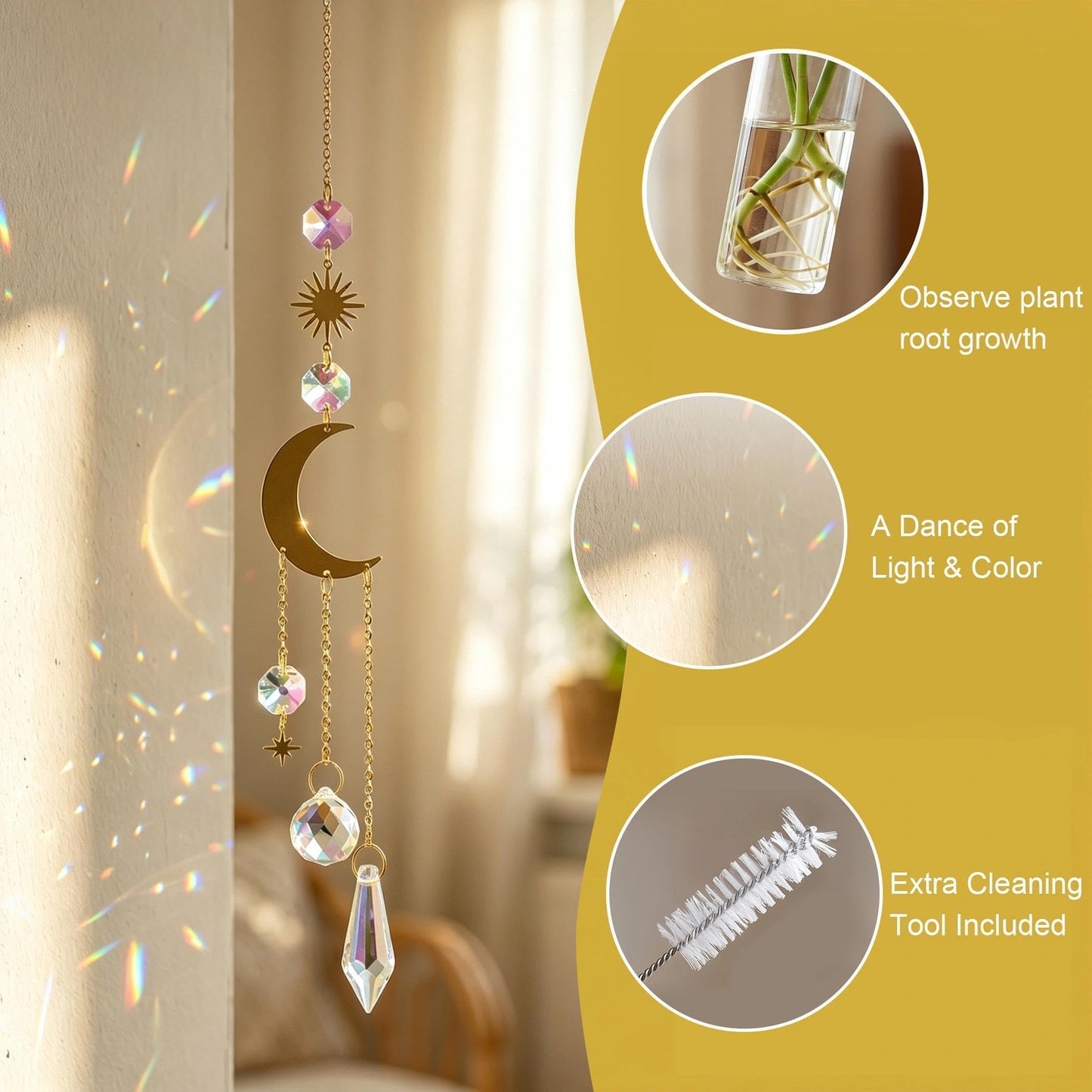 HDCRYSTALGIFTS 6Pcs Crystal Suncatchers with Propagation Stations,Glass Wall Planters for Indoor Plants Hydroponics - Propagation Tubes Jars with Sun Catchers Metal Chain for Home Whimsical Decor