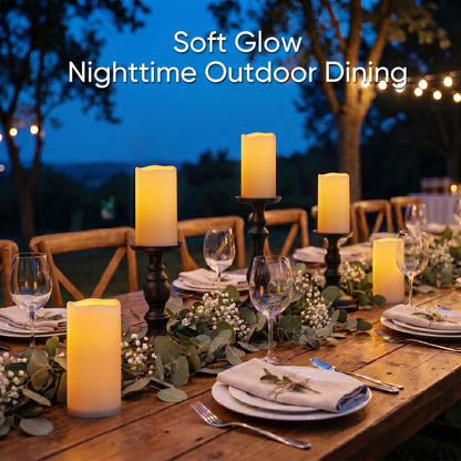 Raycare Outdoor Waterproof Flameless Candles-Auto Light Sensor Dusk to Dawn, Flickering LED Candle, Battery Operated Electric Fake Pillar Candle for Garden, Porch, Patio Decor, (D3 xH4 5" 6" 6" 6")