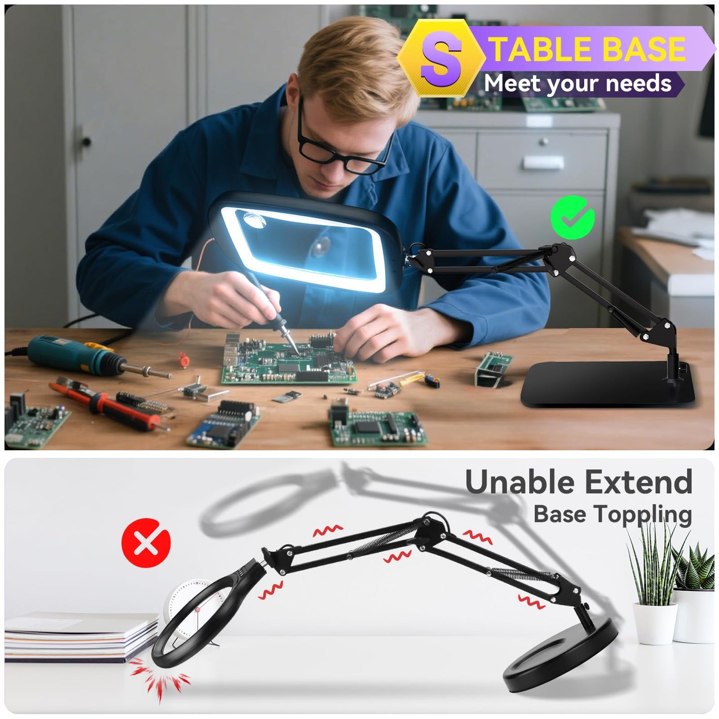 10X 30X Extra Large Magnifying Glass with Light and Stand,7-inch Lighted Magnifier,5 Color Modes Stepless Dimmable,Rectangle Hands-Free Magnifying Glass Desk Lamp for Reading Craft Hobby Close Work LB