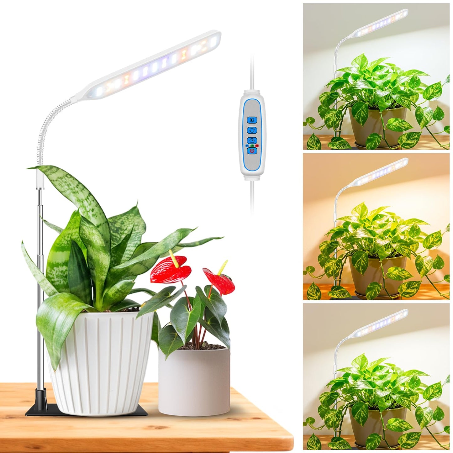 Wolezek Grow Lights for Indoor Plants, 52 LEDs Full Spectrum Plant Grow Light with Base, Height Adjustable Grow Lamp with Auto Timer 6/12/16H, 5 Dimmable Brightness, for Small Plants, White, 1-Pack