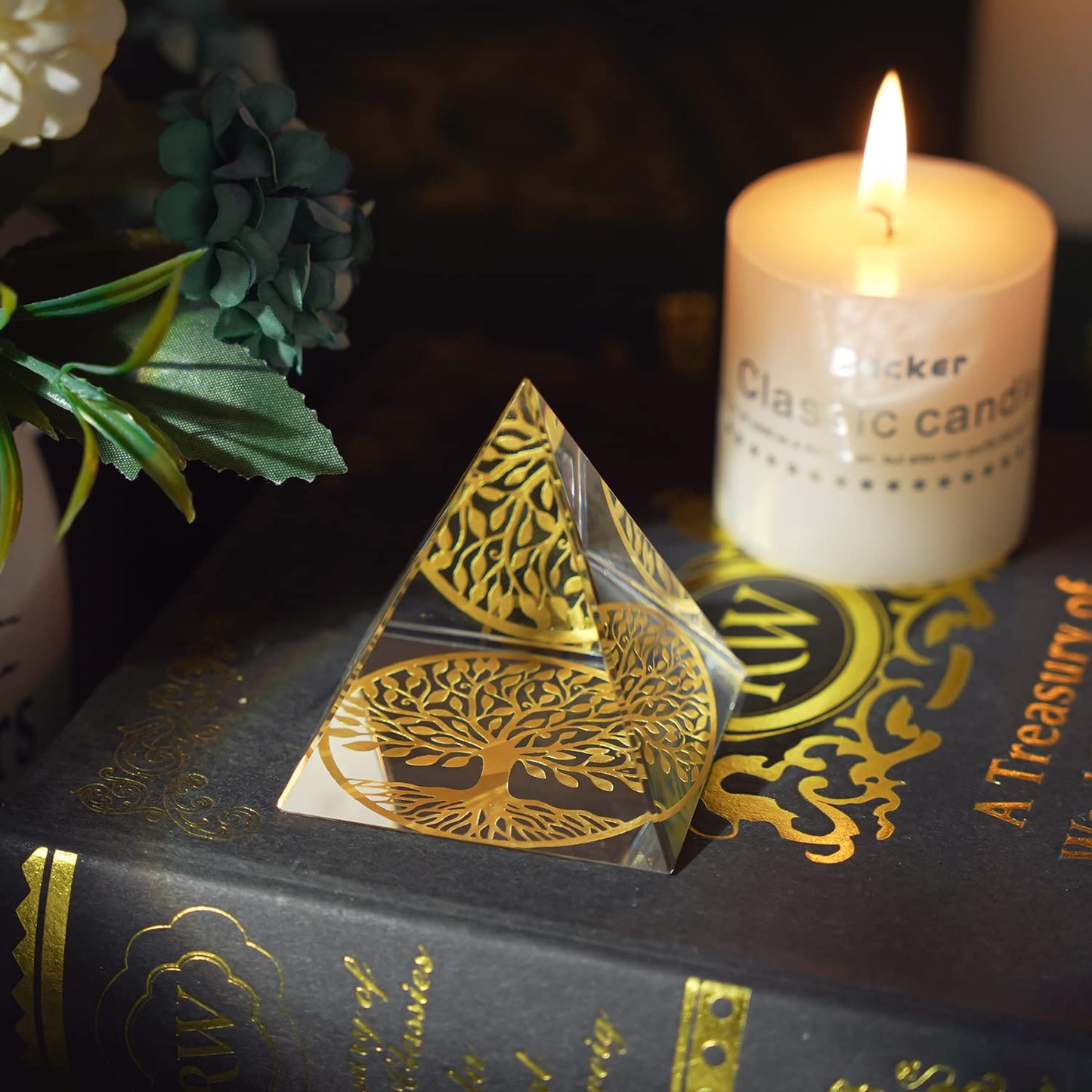 Tree of Life Crystal Pyramid Paperweight,60MM Clear Glass Pyramid Desk Ornament Feng Shui Crafts Meditation Crystal for Home Office Art Decor, Collectible Paperweight and Photography